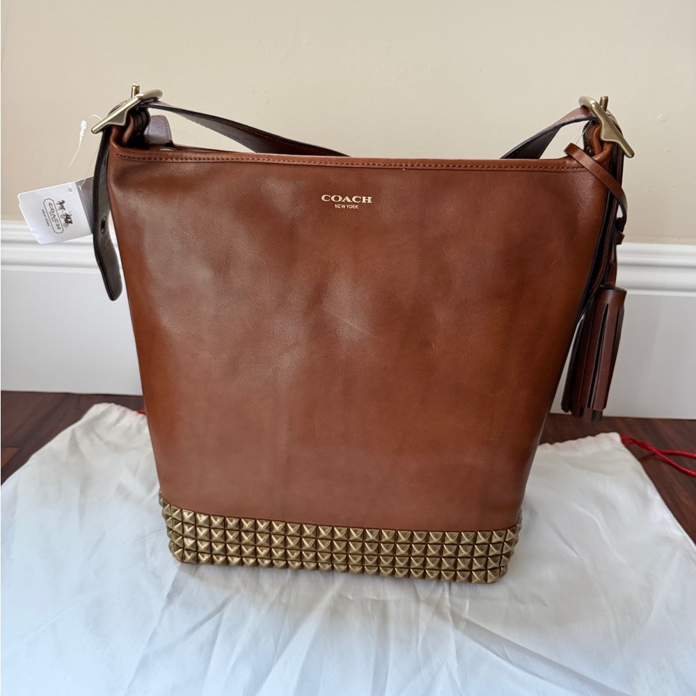 Coach Tan Leather Shoulder Bag with Gold Studs